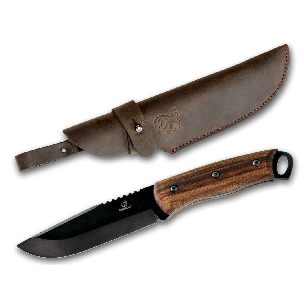 A bushcraft knife with a carbon steel full tang blade and a walnut handle with a leather sheath.