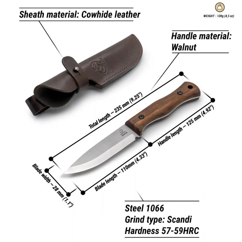 Bushcraft knife with thick leather sheath.