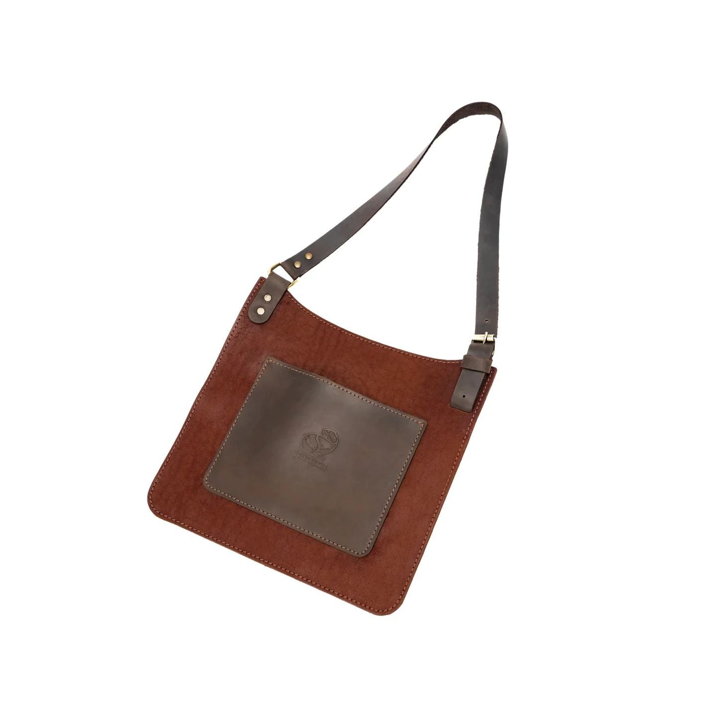 A brown leather chest protector for wood carving with a patch chest pocket and metal rivets, designed with an adjustable collar.