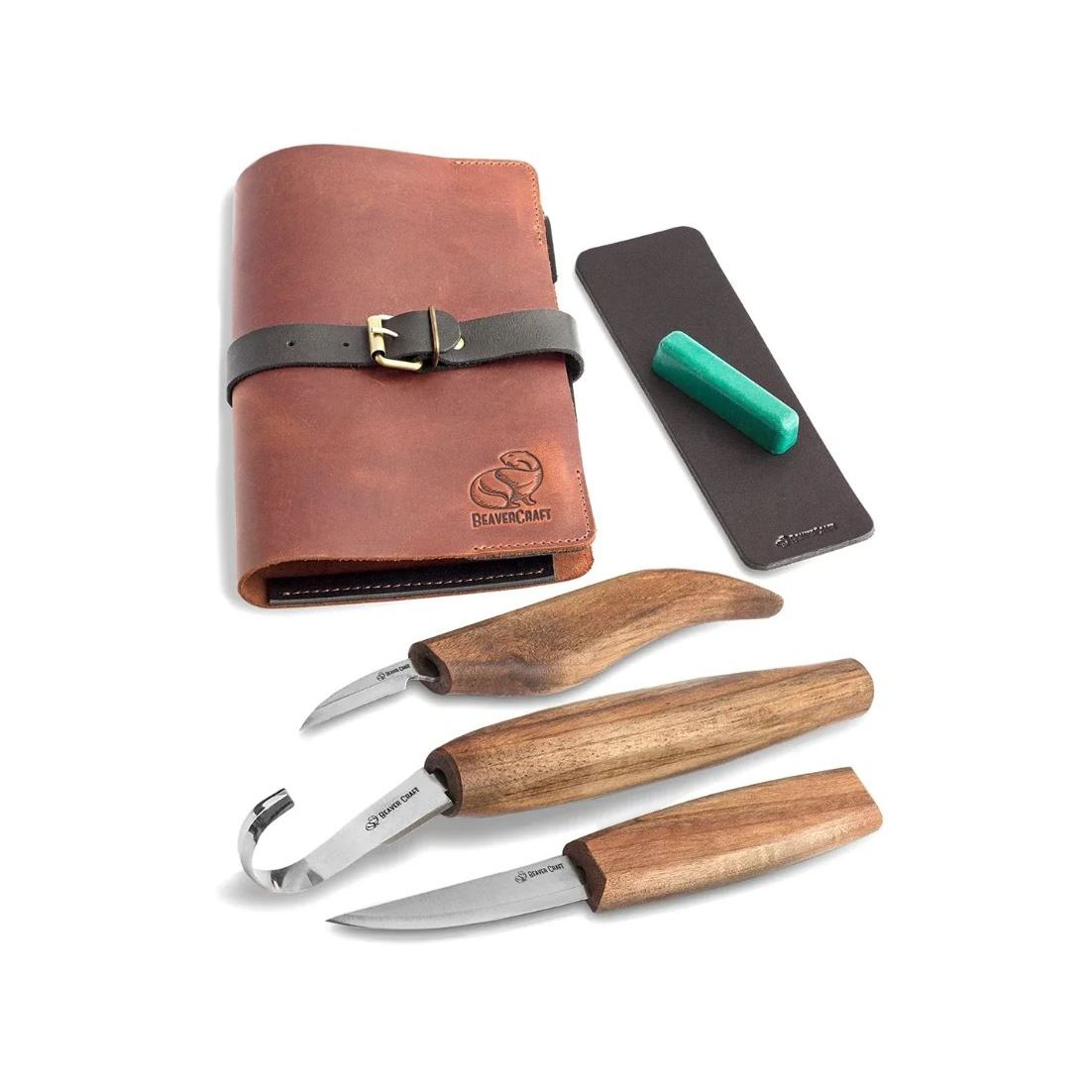 Three piece spoon carving kit with accessories included.