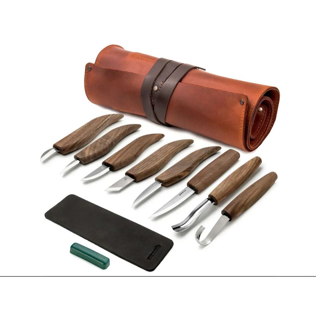 Complete woodcarving kit in deluxe leather case.