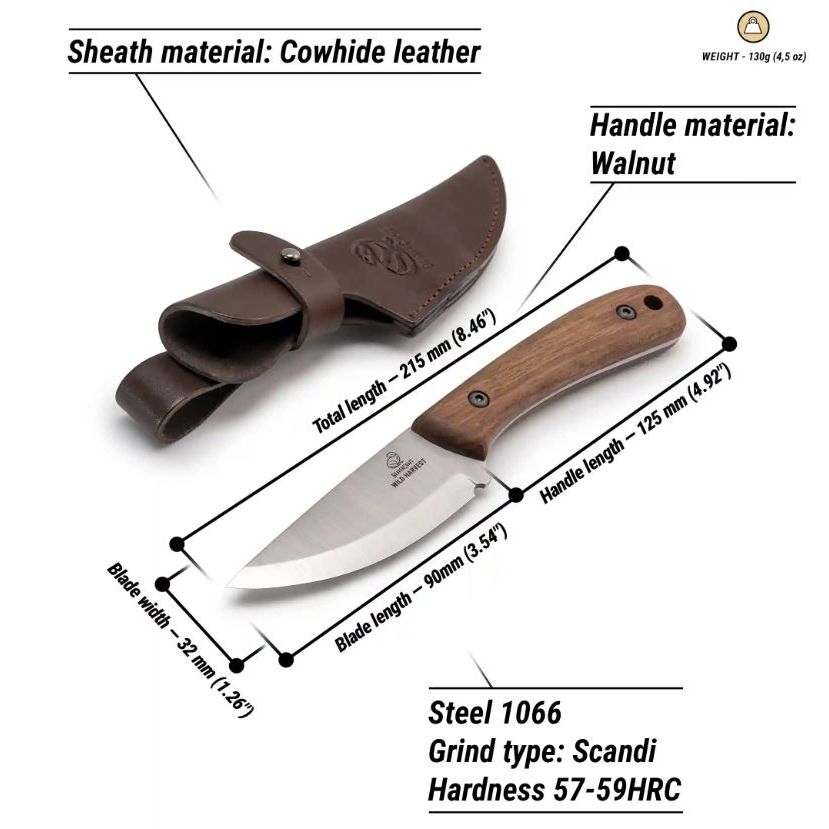 Bushcraft knife with leather sheath.