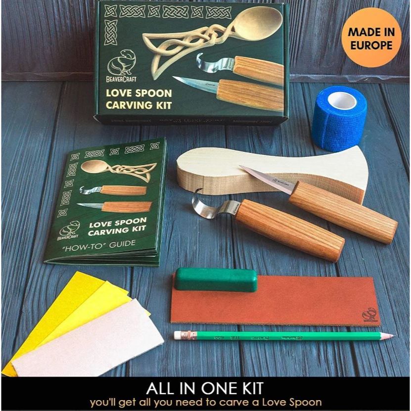 Complete kit on how to carve a wooden spoon.
