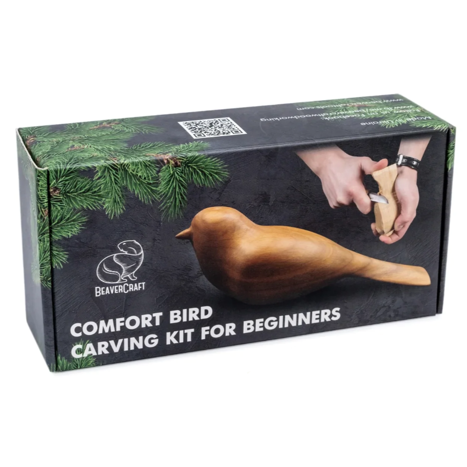 A wood carving kit by BeaverCraft, featuring a comfort bird template in a box with a picture of a bird on the front. The kit is marketed as a starter kit for beginners.