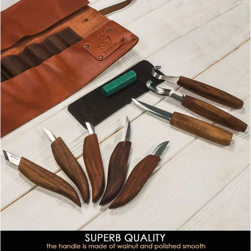 Wood carving set that comes with leather strop and sharpening compound