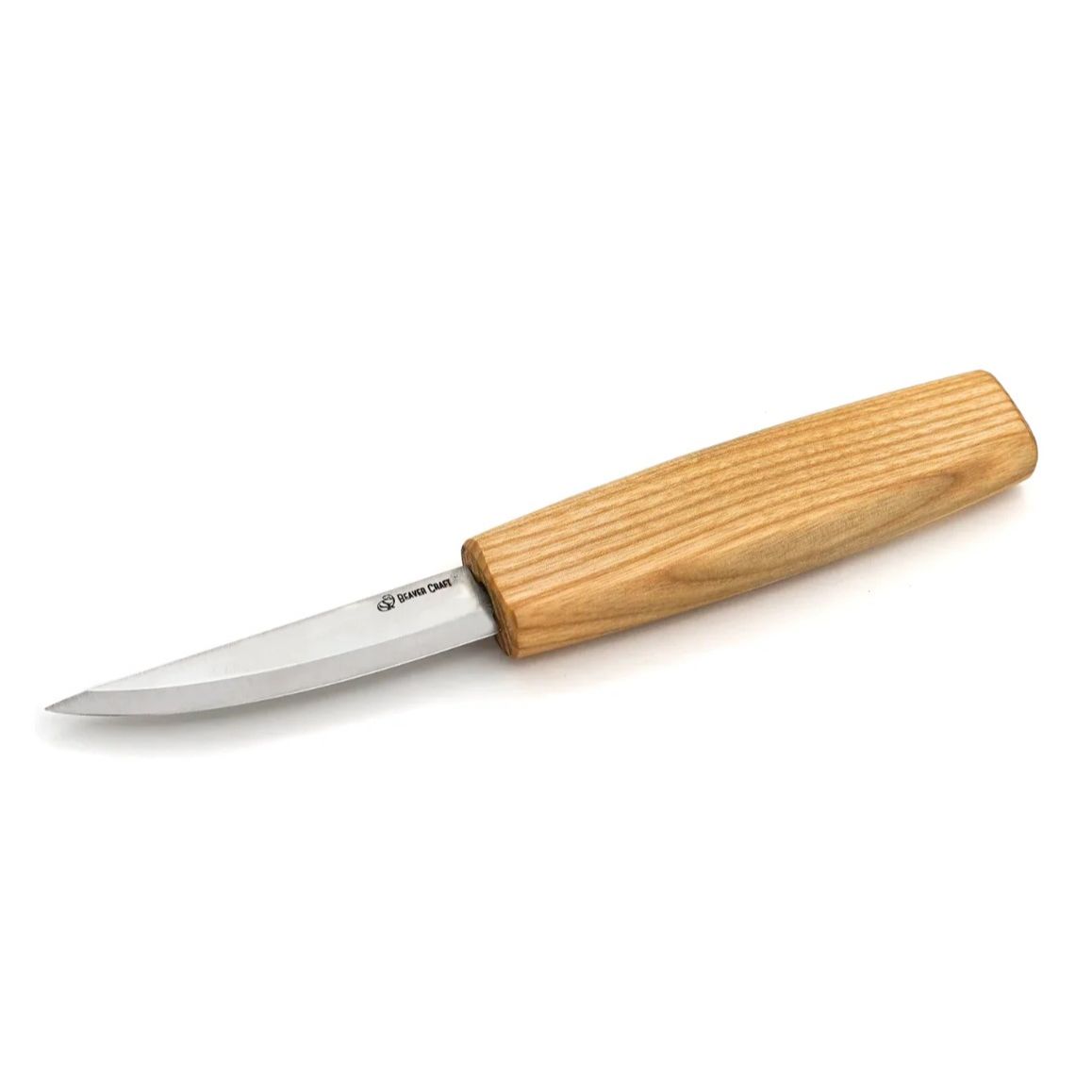 A wood carving sloyd knife with a straight blade and a wooden handle with a natural linseed oil finish.