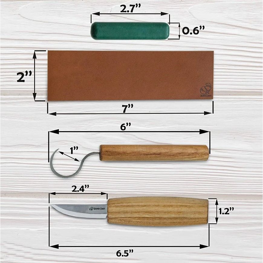 Essential wood carving kit with sharpening strop.