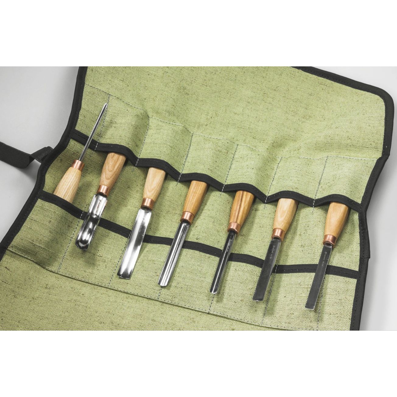 Wood carving kit with heavy duty canvas roll up organizer.