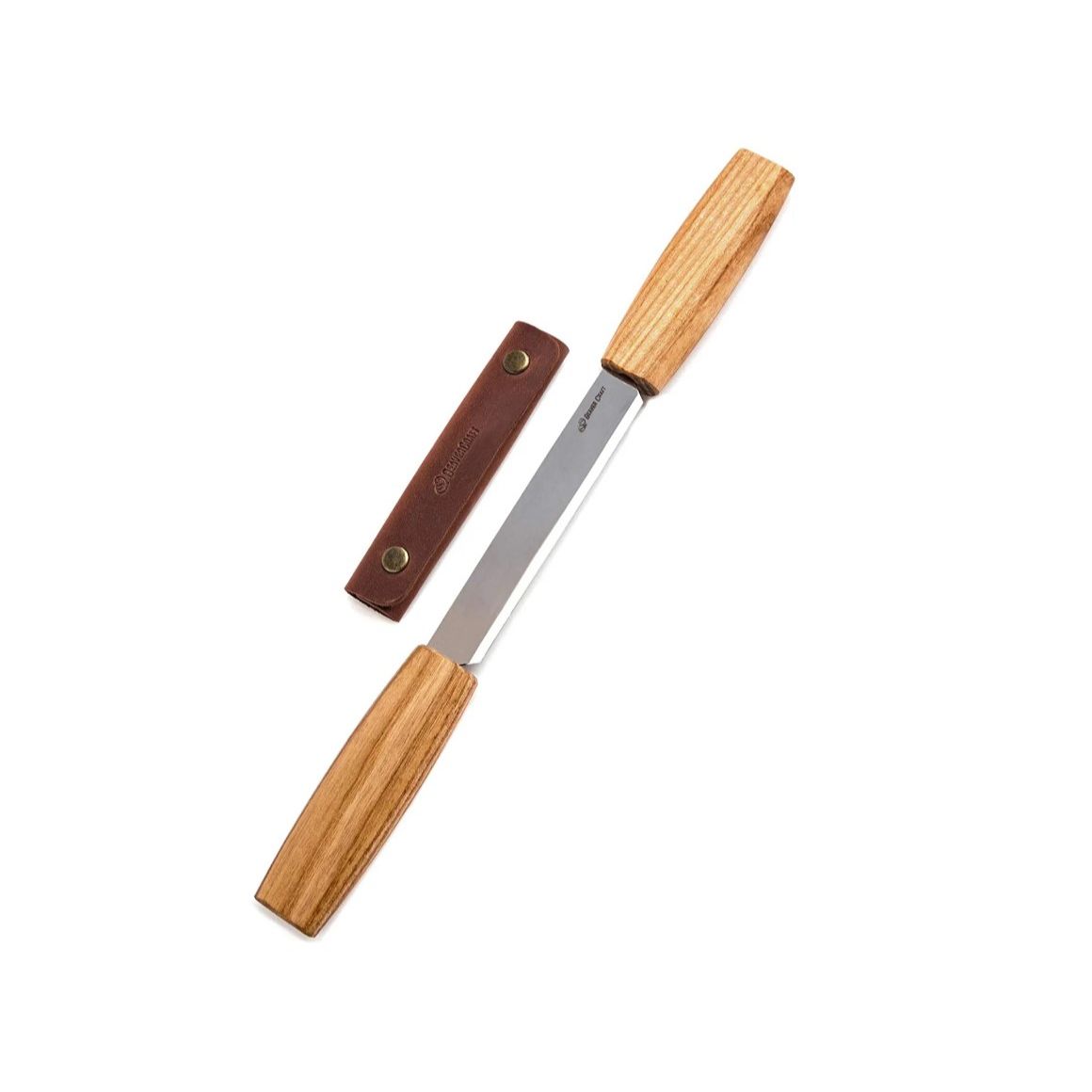 A drawknife with a wooden handle and a leather sheath, with the blade facing up and the sheath lying flat.